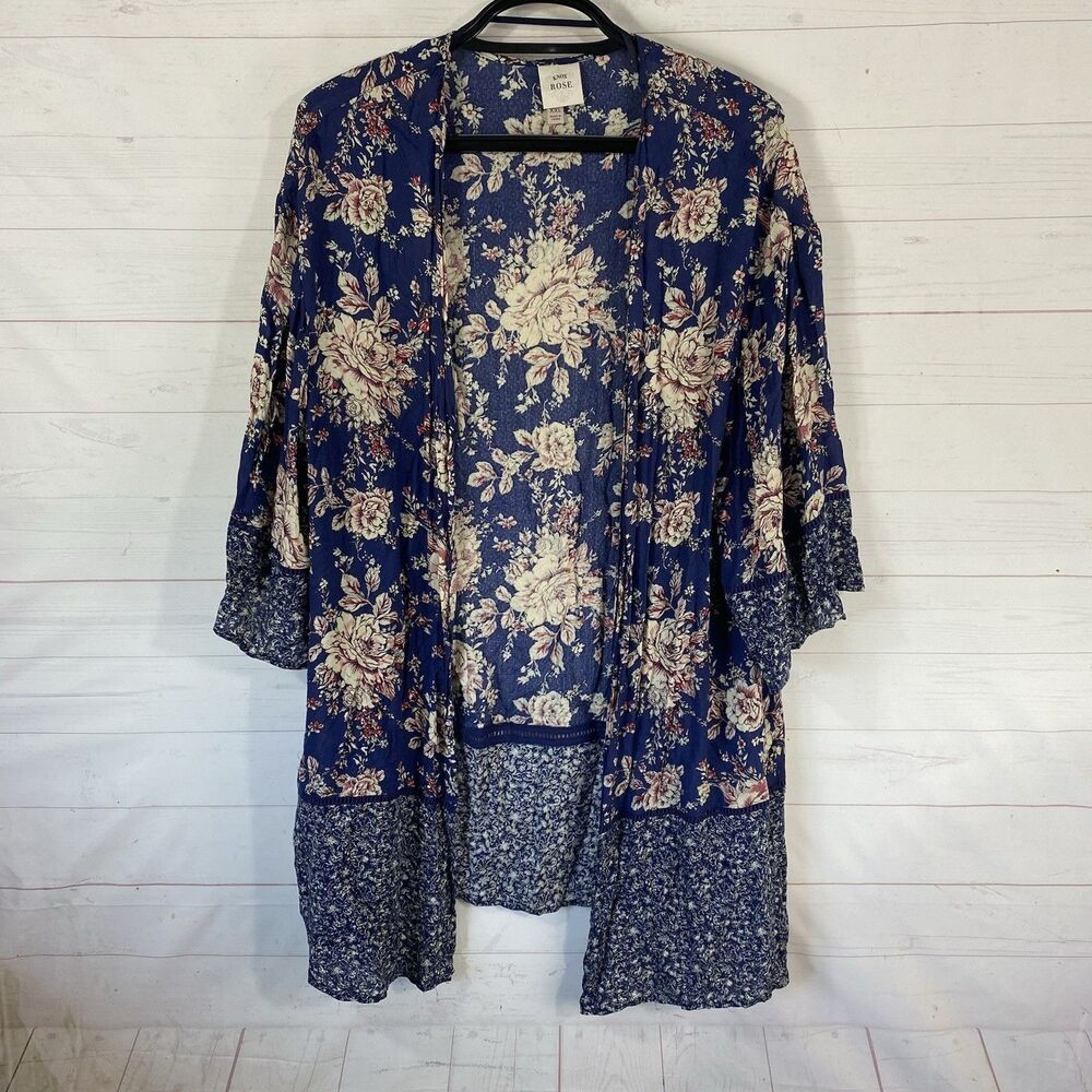 Knox Rose Womens Open Front Kimono Top 2XL Blue Floral Rayon Lightweight